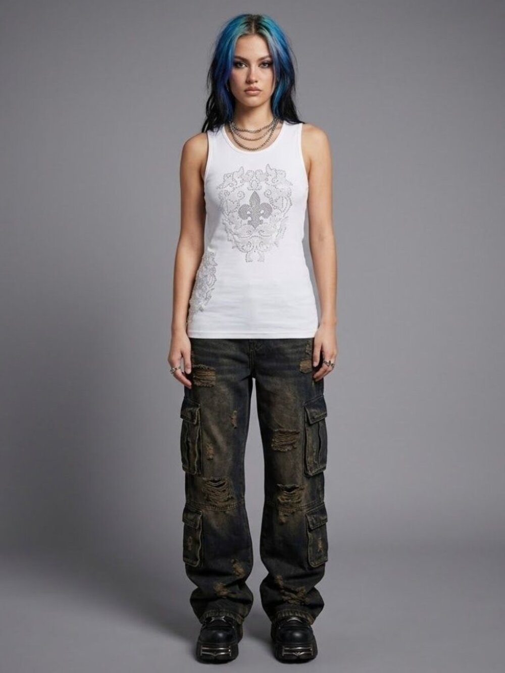 Jaded London NWT White Rhinestone Fleur De Lis Vest Tank Top S